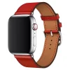 Red leather smartwatch band with silver buckle closure for Apple Watch