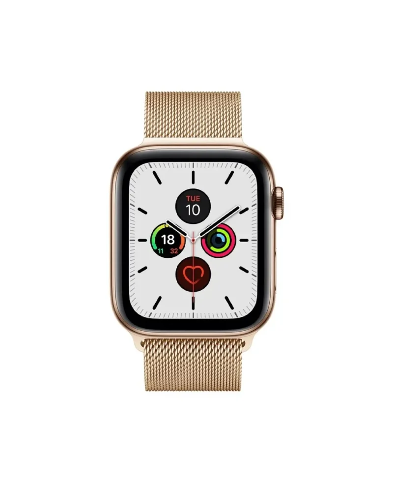 Gold stainless steel smartwatch with mesh band and activity rings display