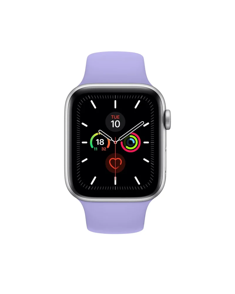 Smartwatch with lilac sport band, silver case, black dial displaying time and activity rings