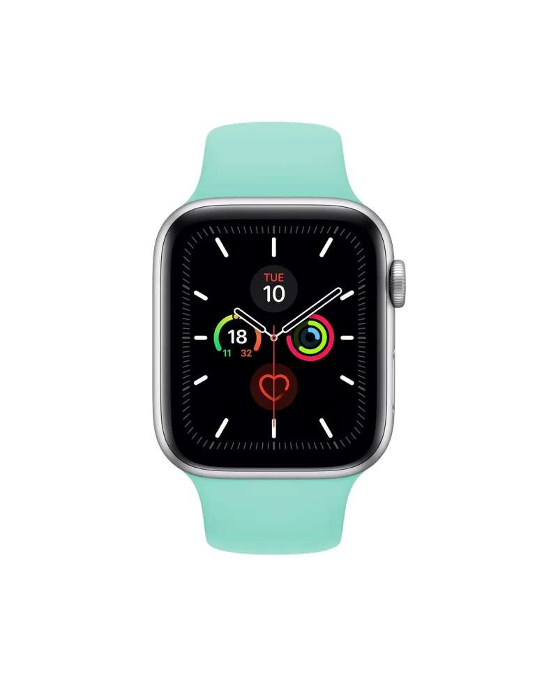 Apple Watch with marine green sport band, silver case, black display