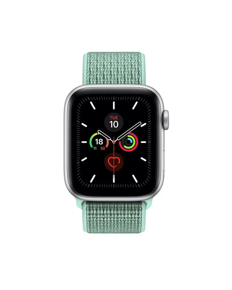 Apple Watch with marine green sport loop band and fitness tracking display