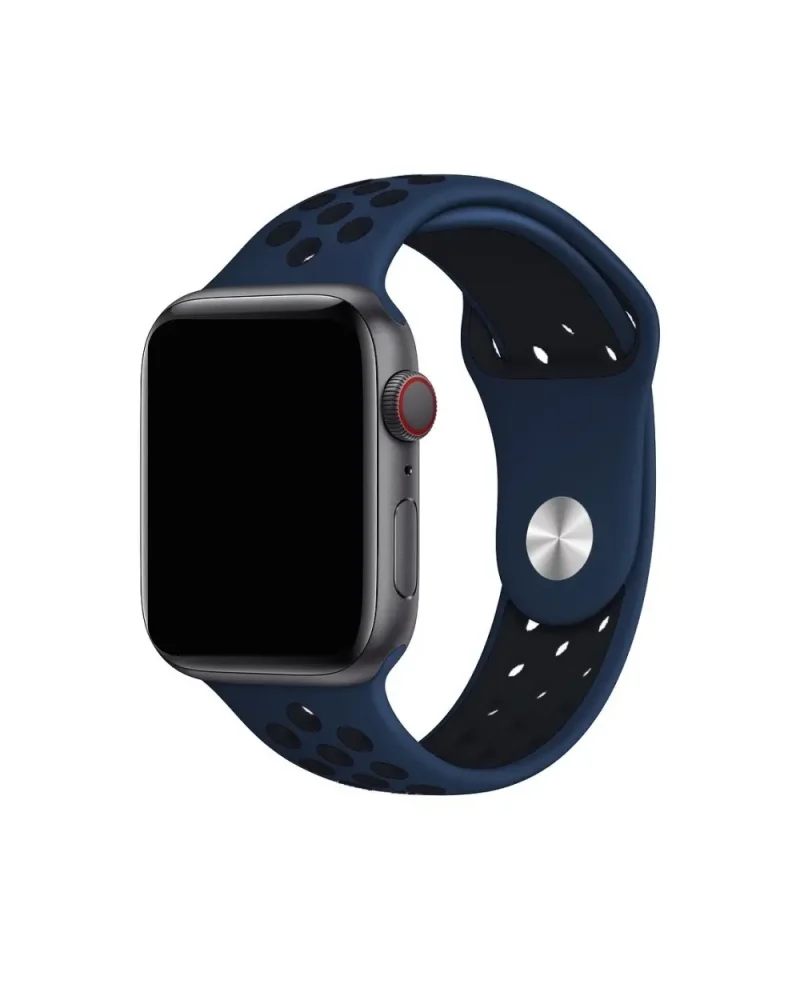 Apple Watch midnight blue sport band with perforated holes and silver digital crown