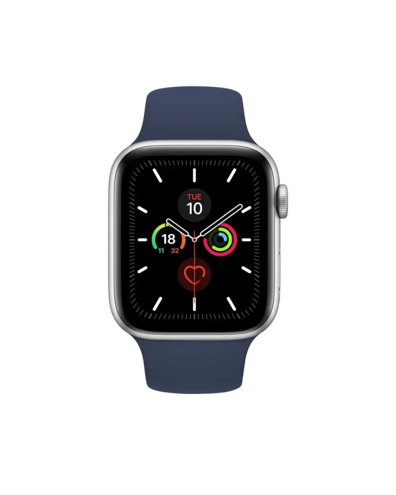 Silver smartwatch with midnight blue sport band displaying fitness rings