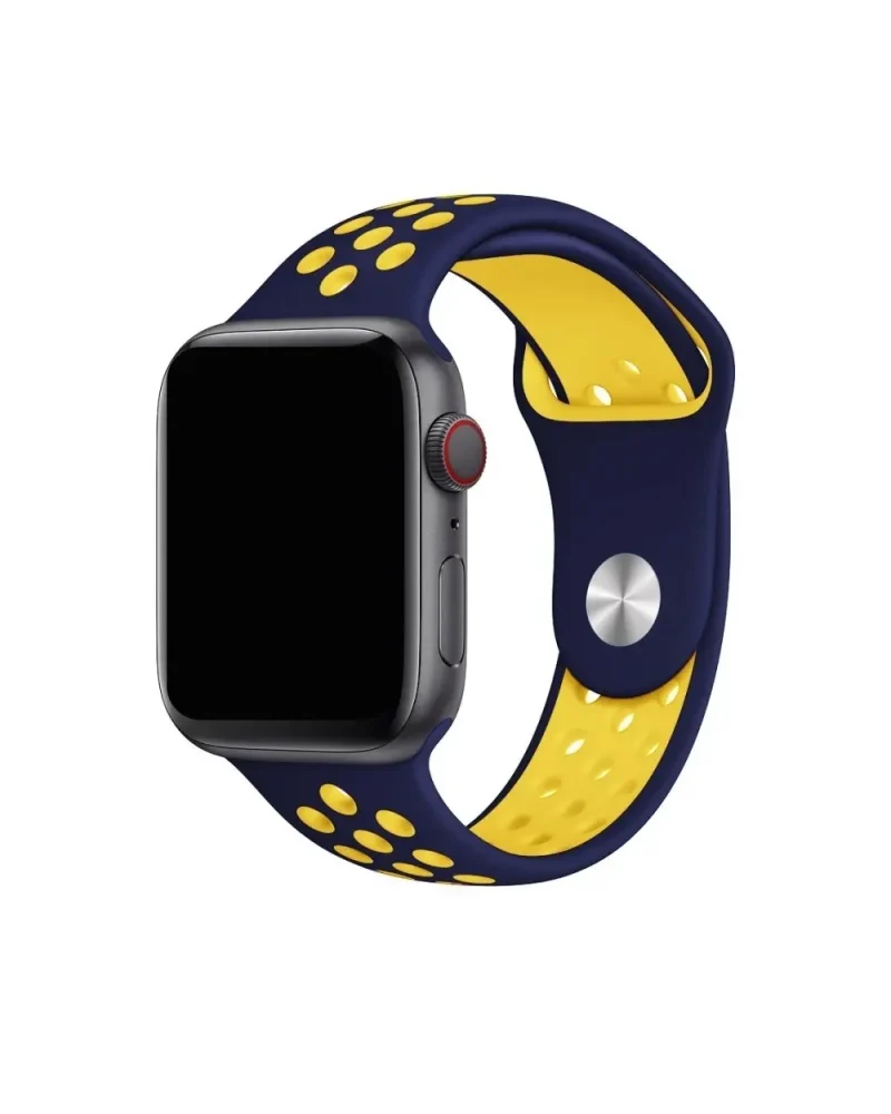 Navy blue and yellow sport smartwatch band with perforated design holes