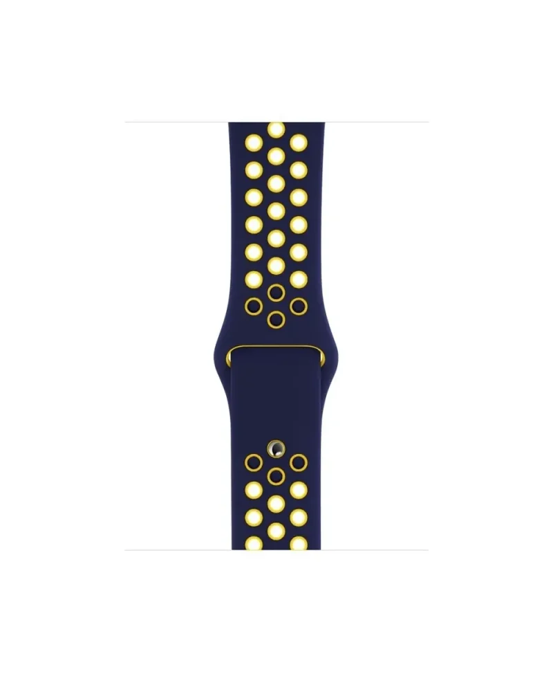 Navy blue sport watch band with yellow perforated holes and accents