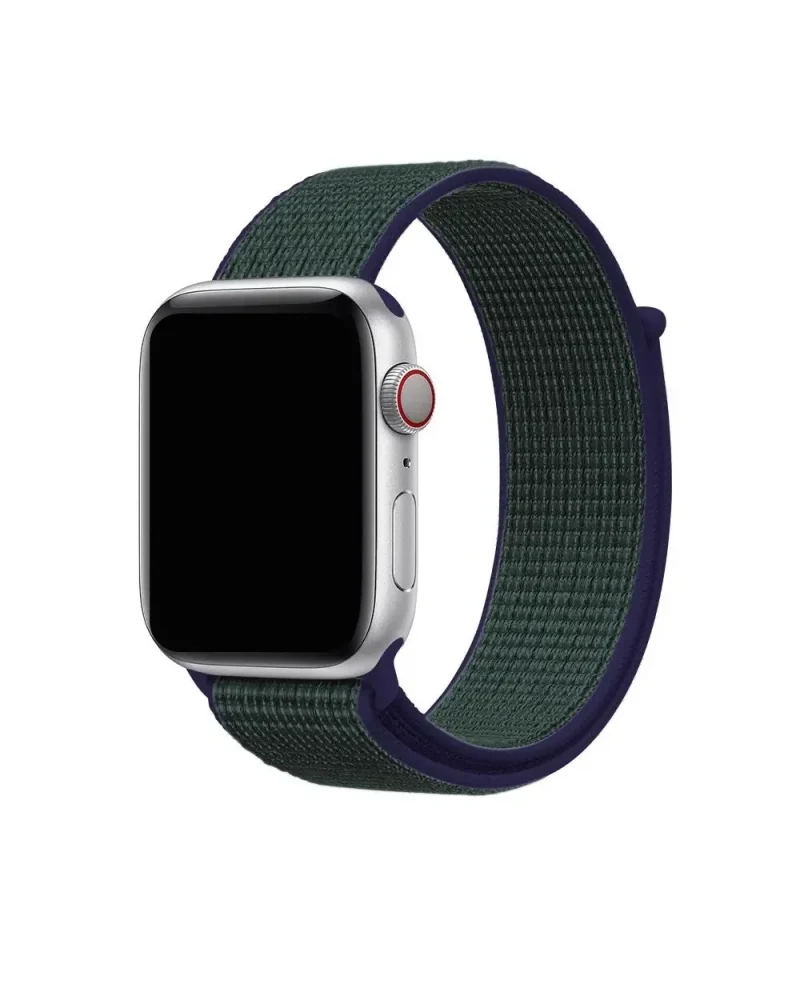 Silver Apple Watch with midnight fog green sport loop band