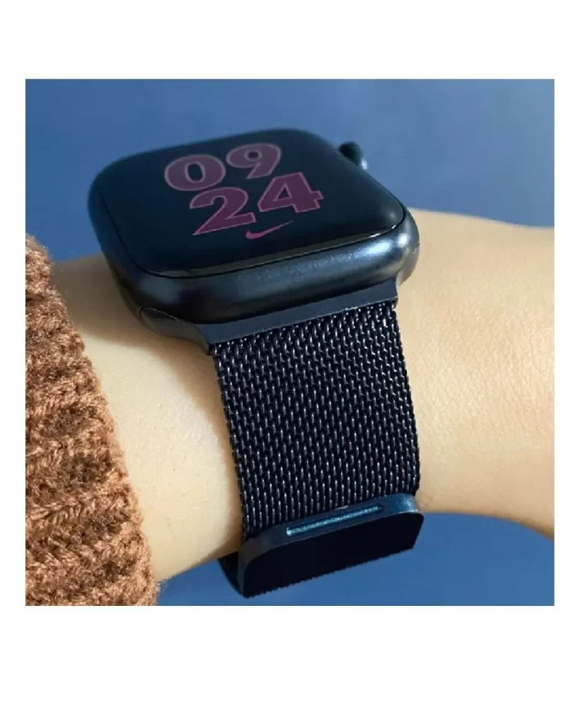 Black Milanese loop mesh band smartwatch with digital display on wrist