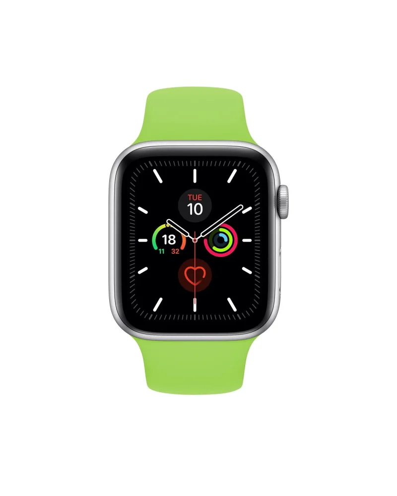 Silver smartwatch with bright green sport band and activity rings display