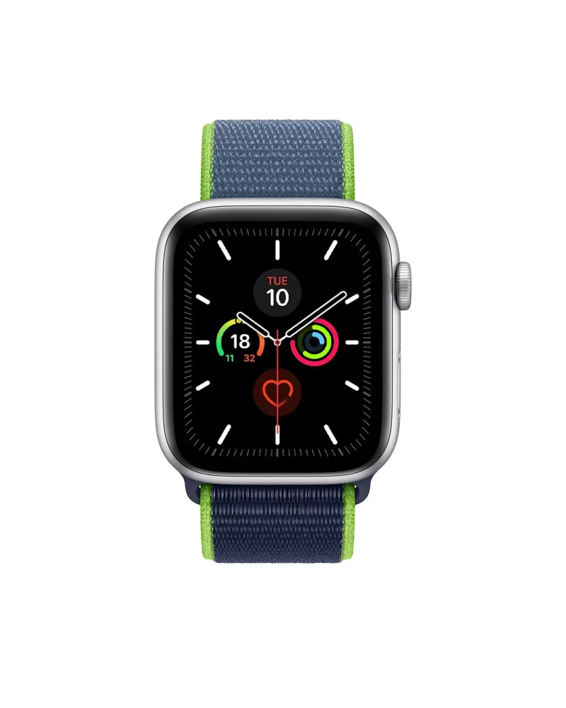 Apple Watch with neon lime and navy sport loop band, fitness tracking display