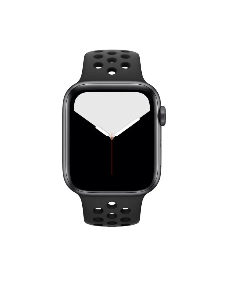 Black sport smartwatch with perforated band and digital watch face display