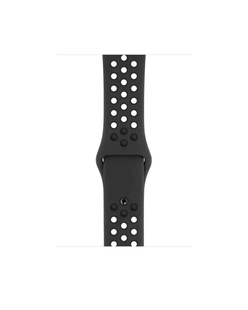 Black perforated sport watch band with white and dark ventilation holes, active design