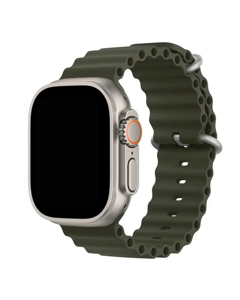Smartwatch with silvery case and textured army green silicone ocean band