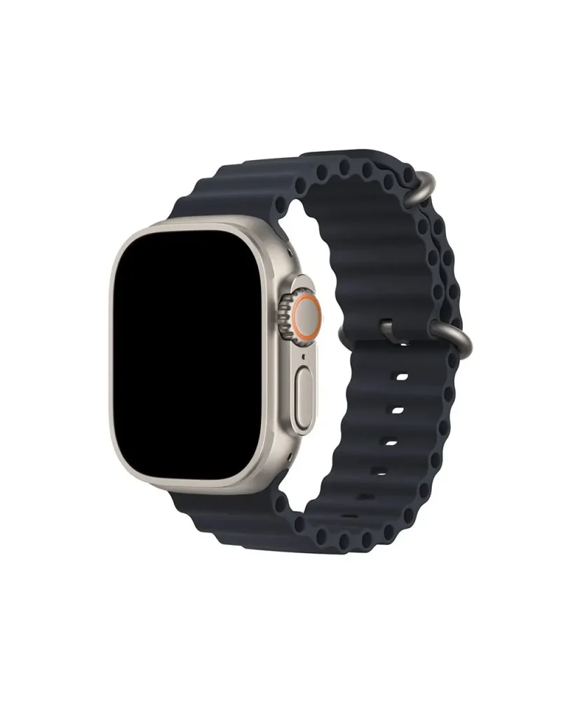 Silver smartwatch with black ocean silicone band and orange crown button