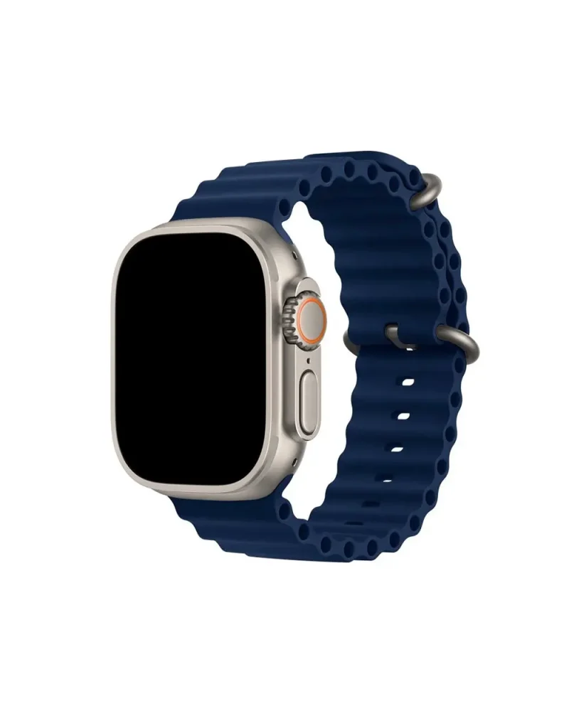 Smartwatch with silver case and navy blue ocean band with orange dial
