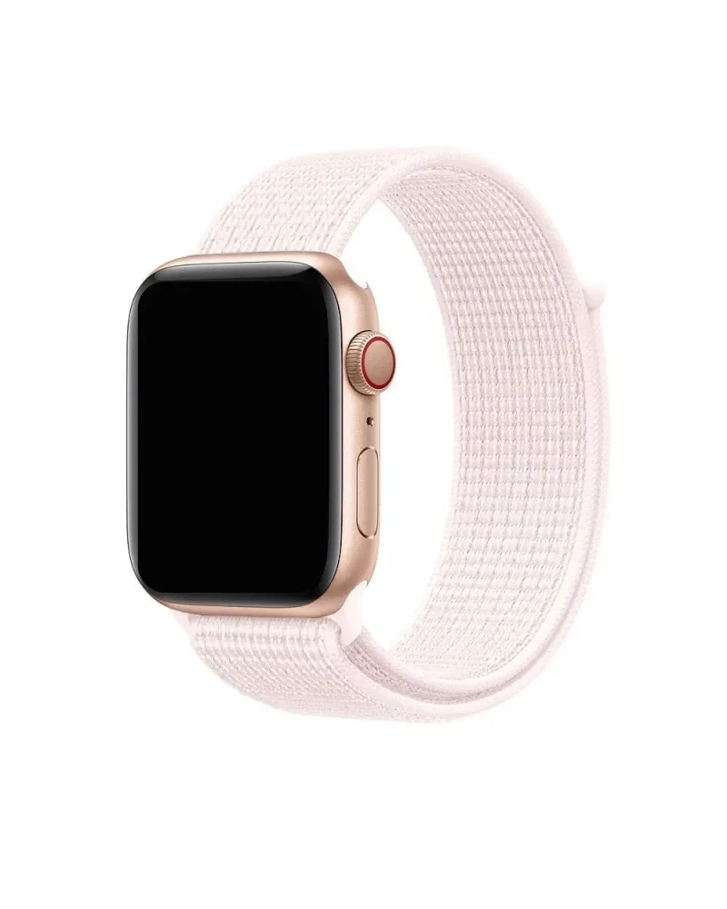 Rose gold Apple Watch with pearl pink nylon sport loop band