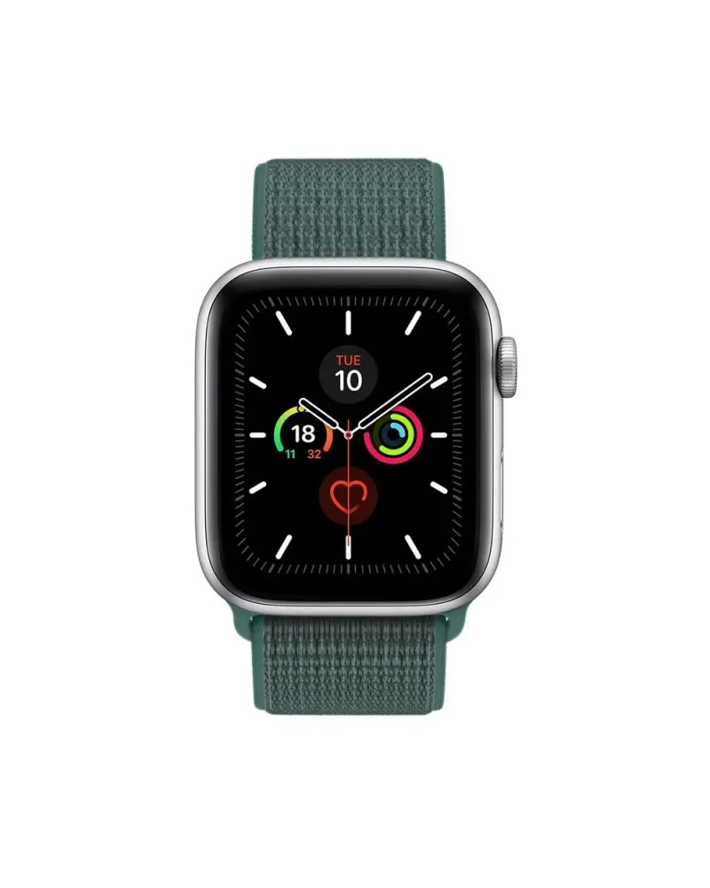 Apple Watch with pine green sport loop band and fitness tracking display