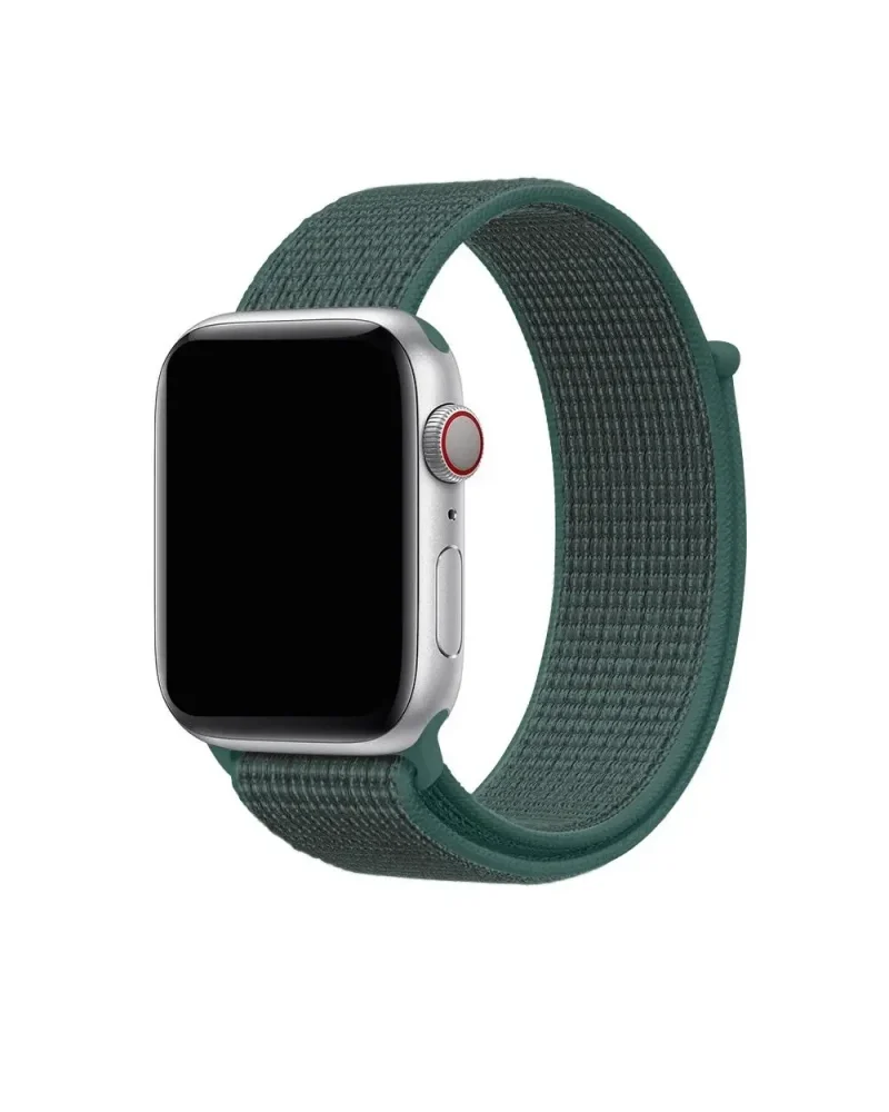 Silver Apple Watch with pine green fabric sport loop band