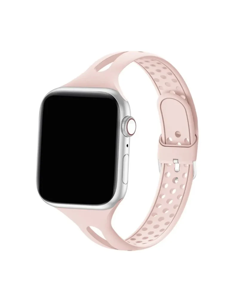 Silver smartwatch with pink sand silicone sport band and breathable holes
