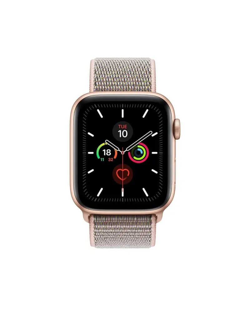 Rose gold smartwatch with pink sand sport loop band displaying fitness rings