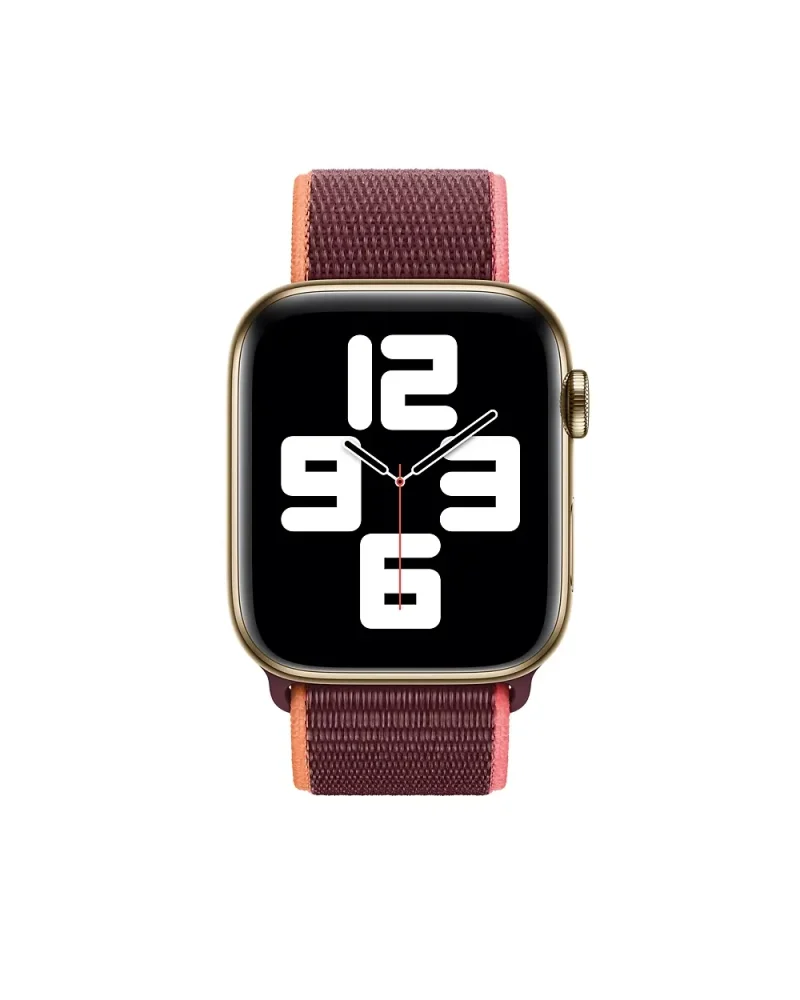 Gold smartwatch with plum and pink sport loop fabric band displaying time