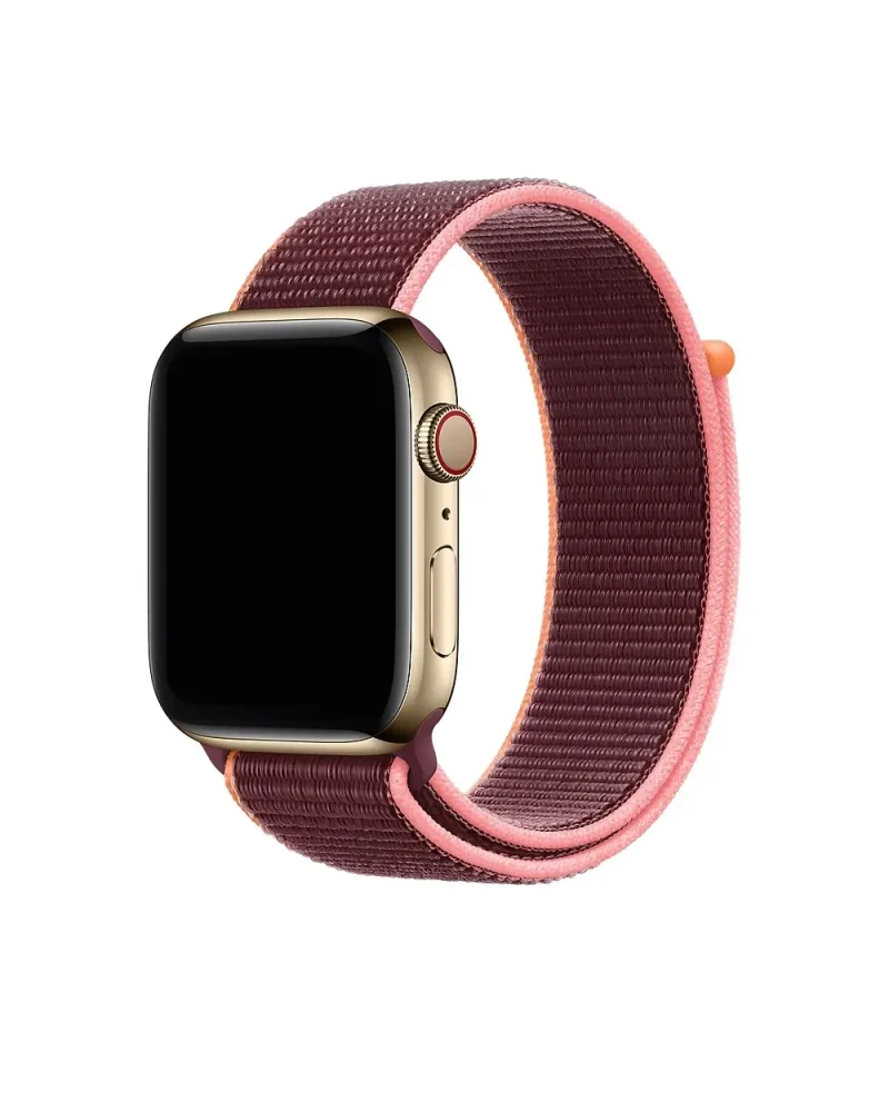 Gold Apple Watch with plum and pink sport loop band