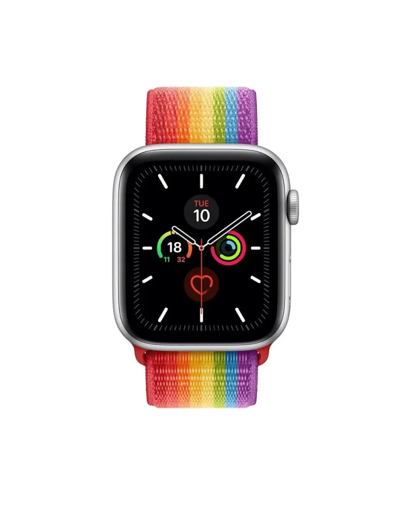 Apple Watch with silver case and rainbow Pride Sport Loop band