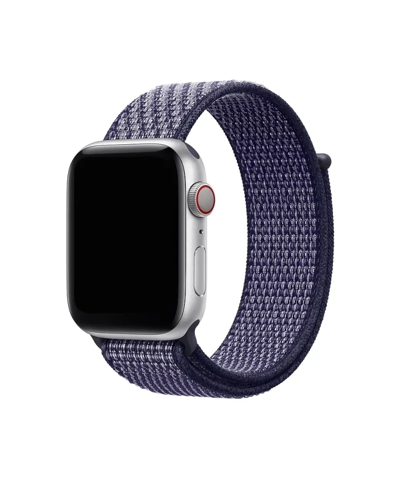 Apple Watch silver case with purple sport loop fabric band