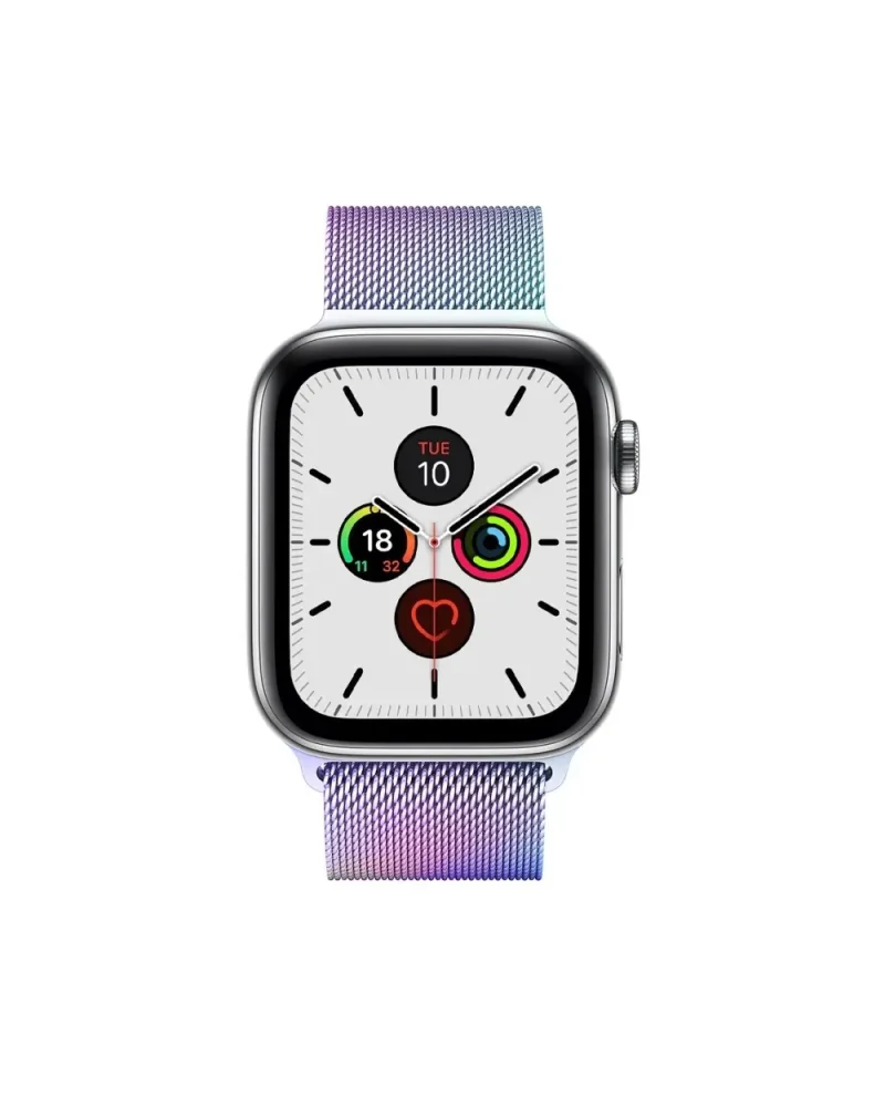 Apple Watch with iridescent Milanese loop band and colorful activity rings display