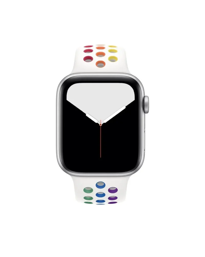 Apple Watch with white rainbow pride sport band and silver aluminum case
