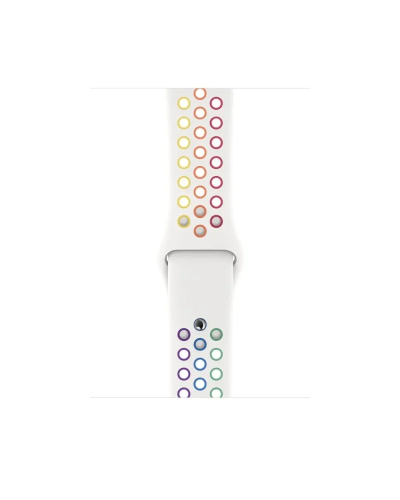 White smartwatch band with colorful pride rings in rainbow colors displayed