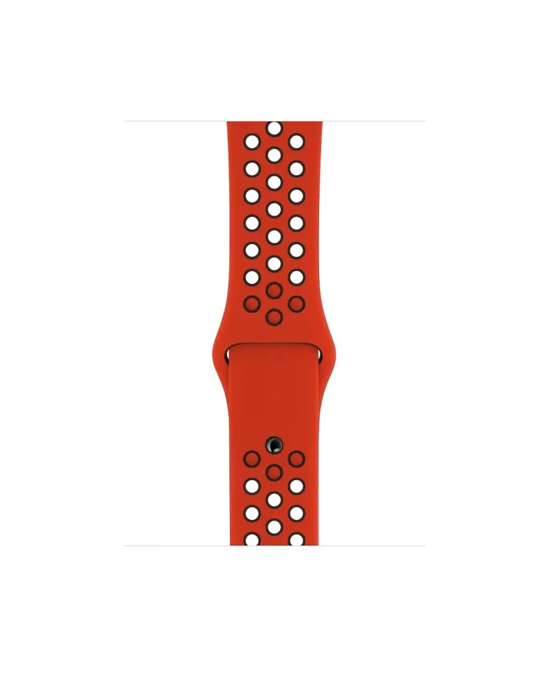 Red perforated silicone sport watch band with white and black ventilation holes