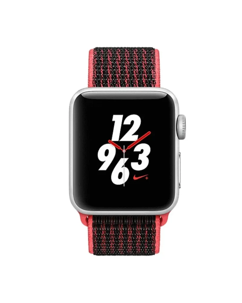 Apple Watch silver aluminum case with red black sport loop band