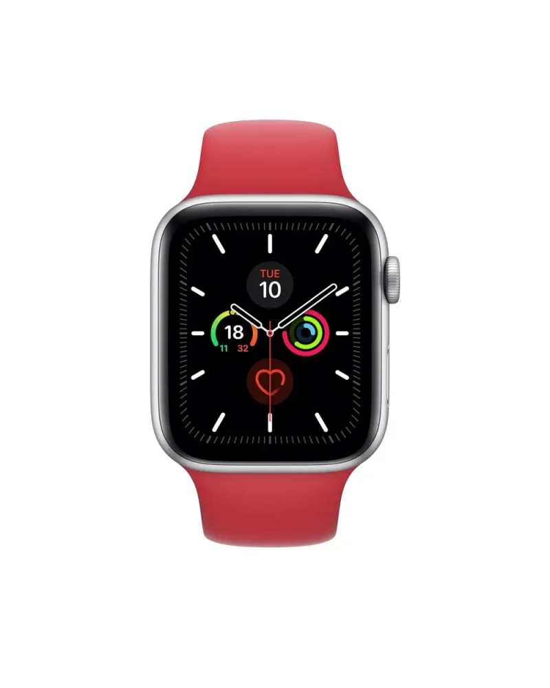 Red sport band smartwatch with silver case and health tracking display