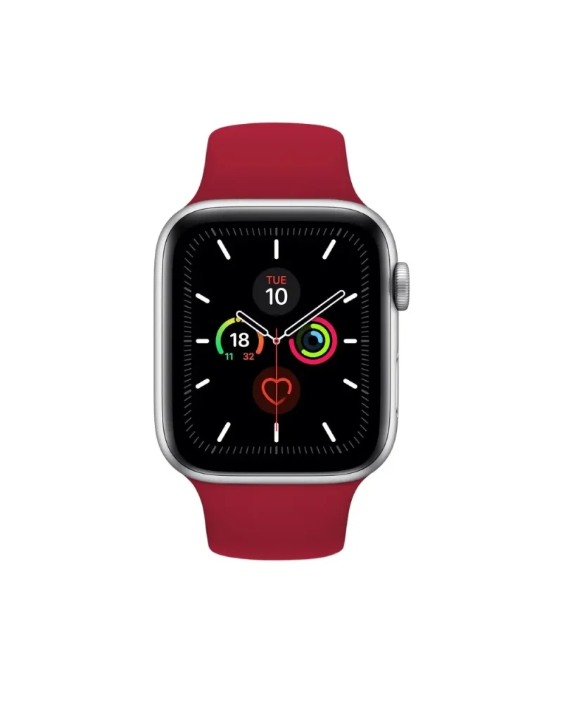 Silver smartwatch with rose red sport band and black dial face