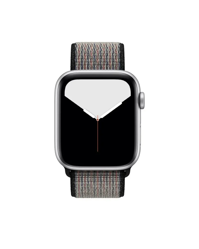 Silver Apple Watch with black and gray sport loop band