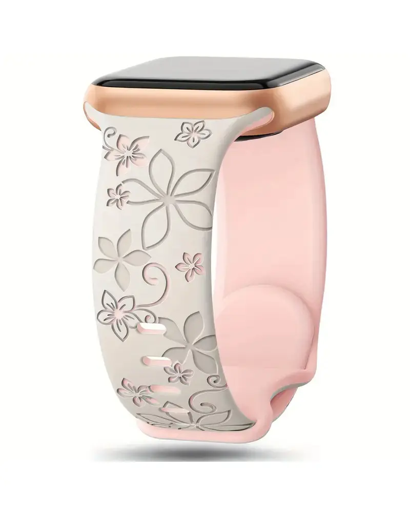 Pink floral smartwatch band with rose gold connector and black watch face