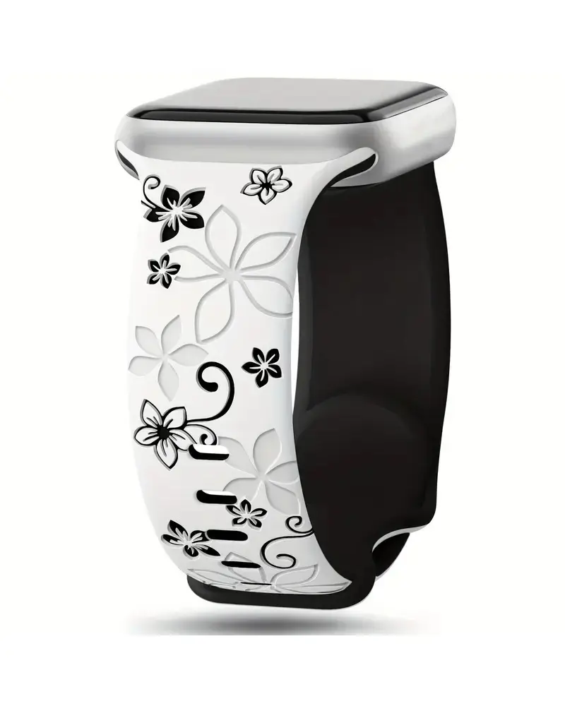 Floral smartwatch band white black with decorative flower vine design pattern