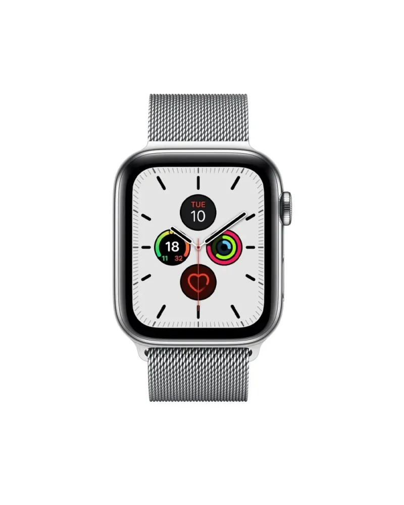 Silver stainless steel smartwatch with Milanese loop band and fitness tracking display