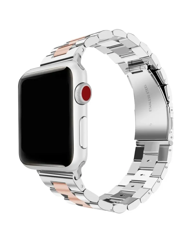 Stainless steel smartwatch with black dial and rose gold metal band