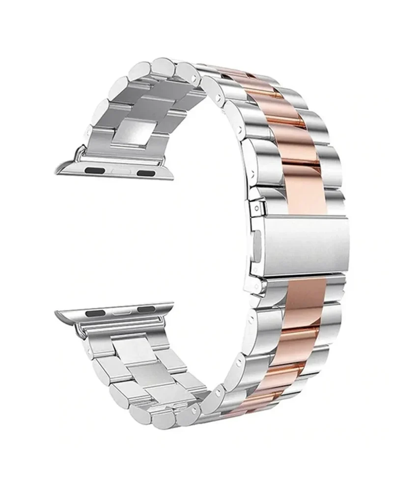 Rose gold stainless steel smartwatch band with metal links and connector