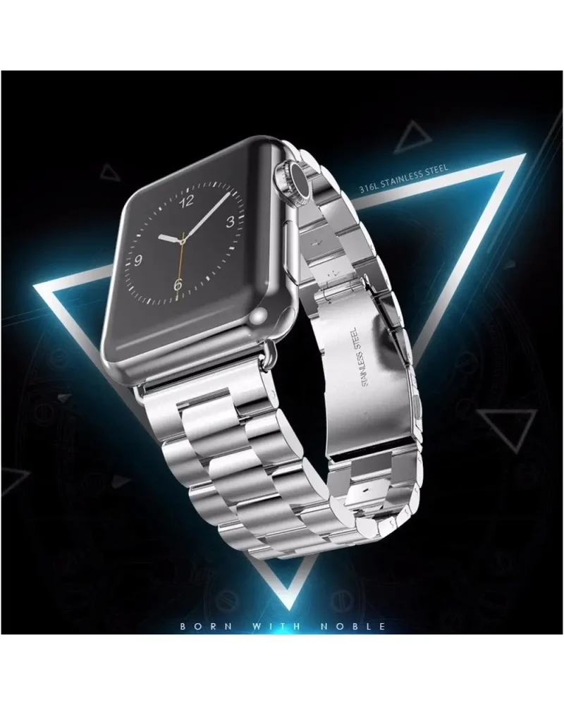 Silver stainless steel smartwatch band with classic metal link design
