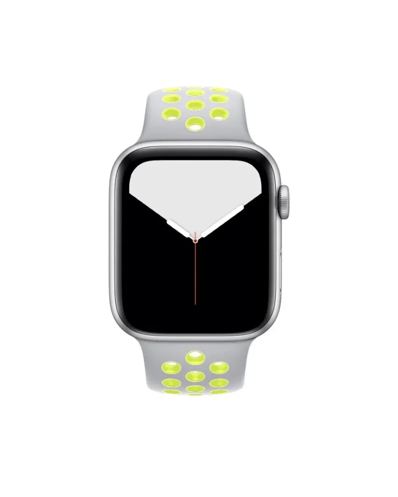 Silver smartwatch with neon yellow perforated sport band, minimalist watch face display