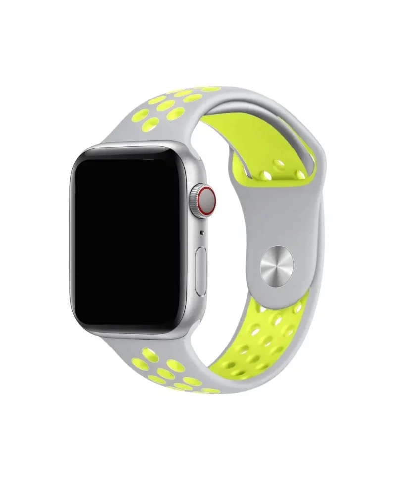 Silver and neon yellow sport smartwatch band with ventilation holes for active wear