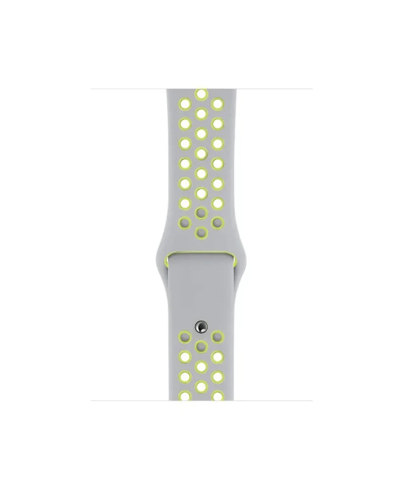 Gray and lime green perforated athletic smartwatch band with clasp