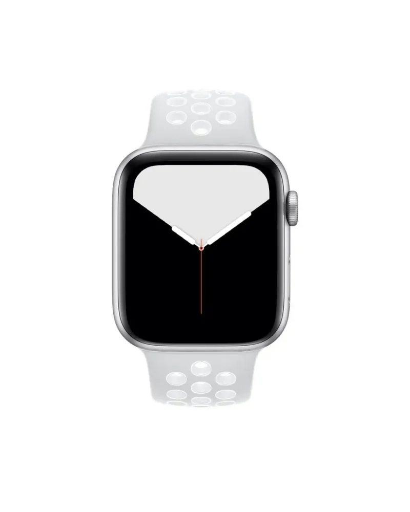 Silver aluminum Apple Watch with white sport band and minimalist watch face