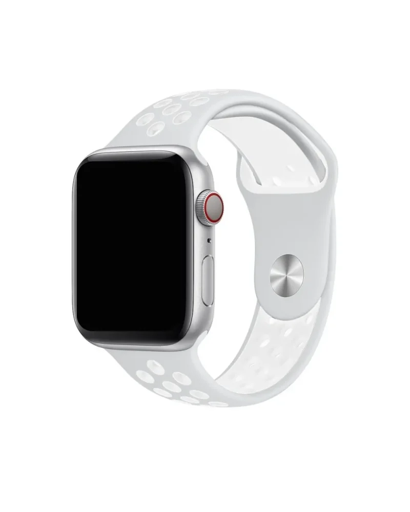 Silver Apple Watch with white sport band and red digital crown button