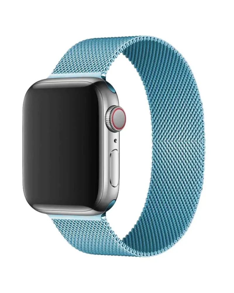 Smartwatch with sky blue woven mesh band and stainless steel case