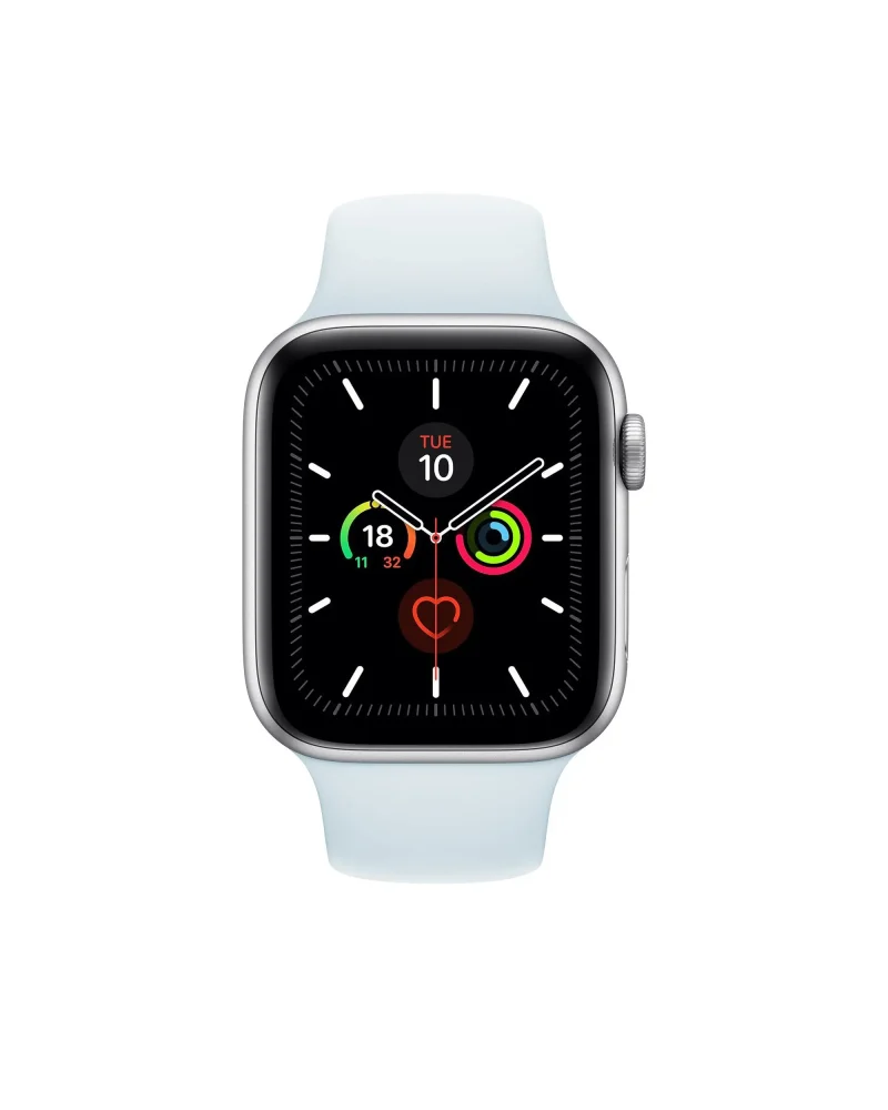 Silver smartwatch with sky blue sport band displaying fitness rings and time