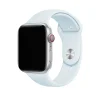 Silver aluminum smartwatch with sky blue sport band and red digital crown