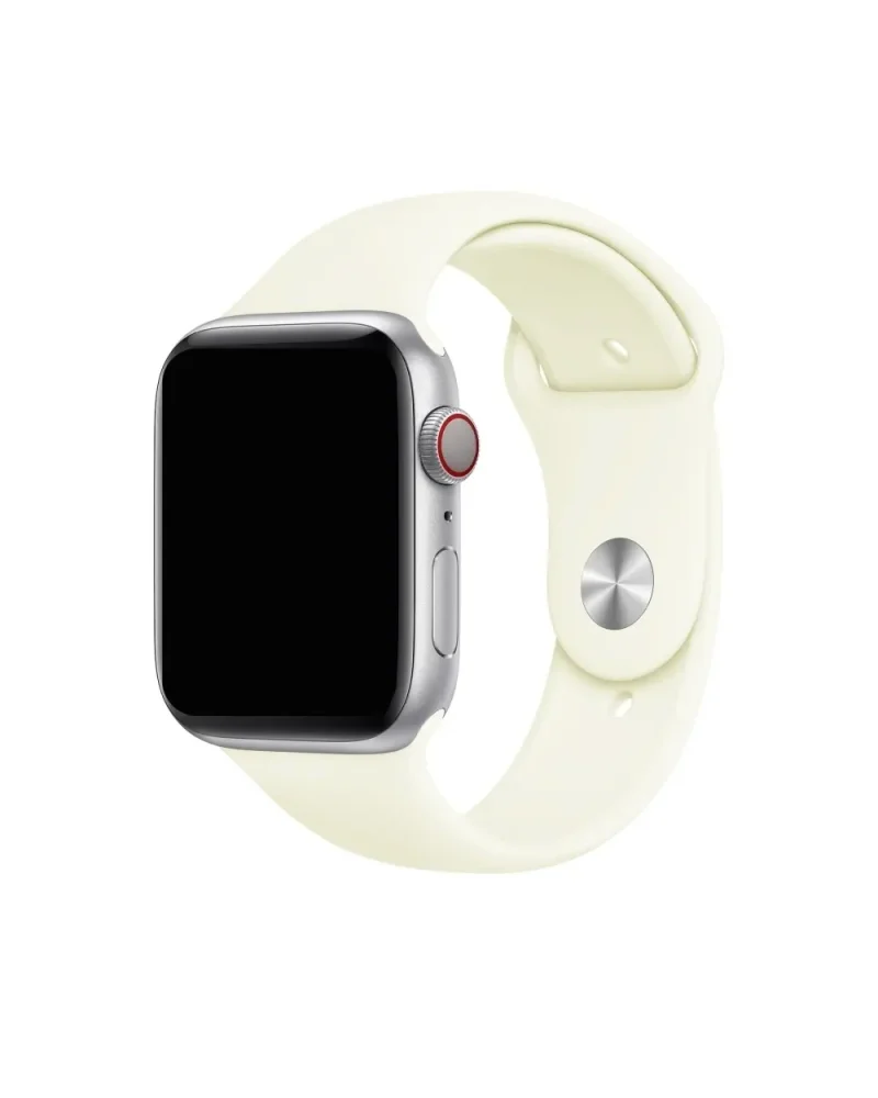 Silver Apple Watch with soft white sport band and cellular dial